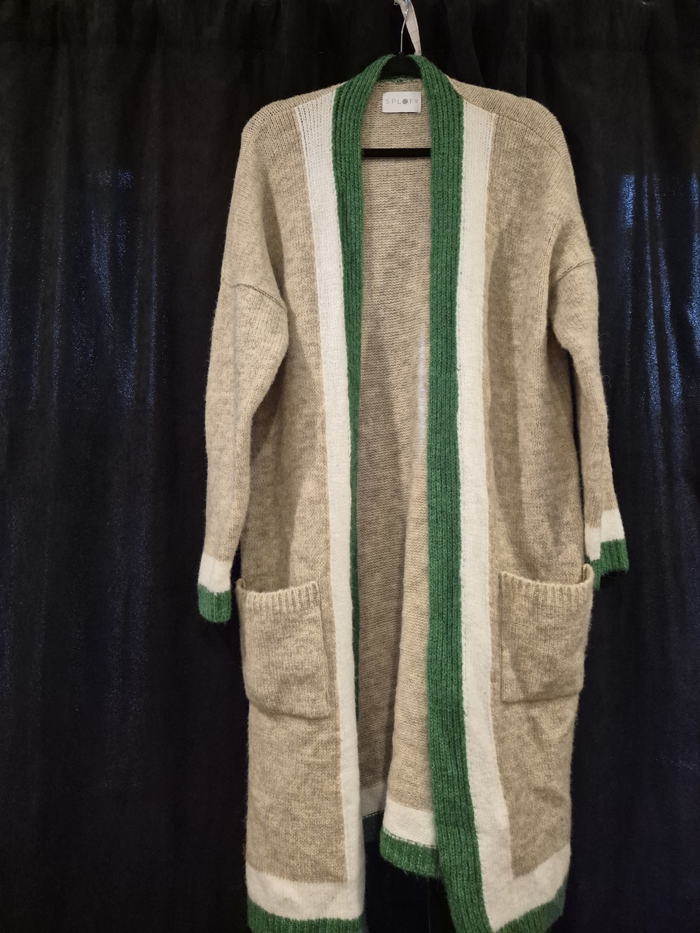 Green Trim Long Open-Front Women's Cardigan Sweater